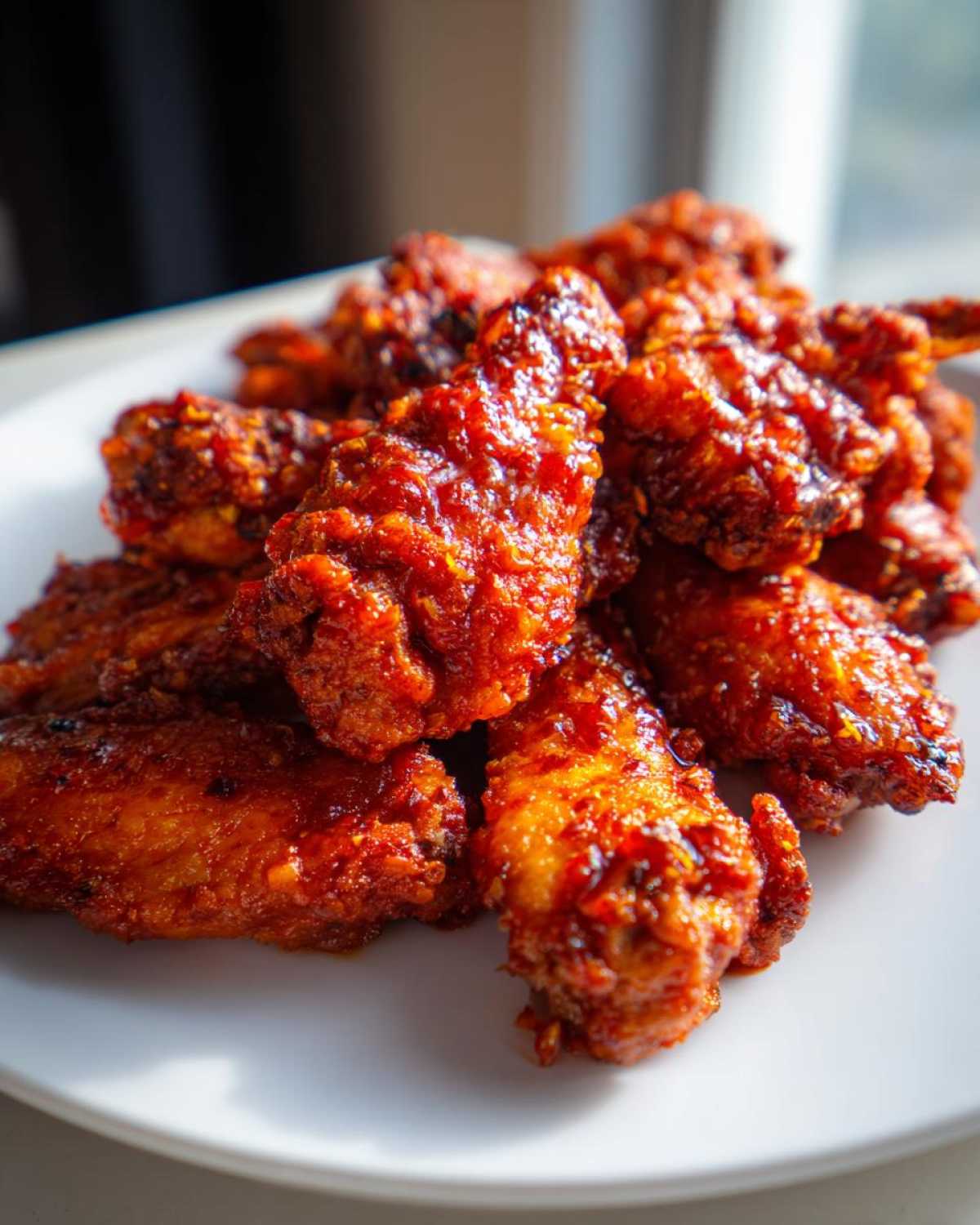 A close-up of crispy oven-baked Sticky Sweet Chili Chicken Wings coated in a thick, glossy red sauce.