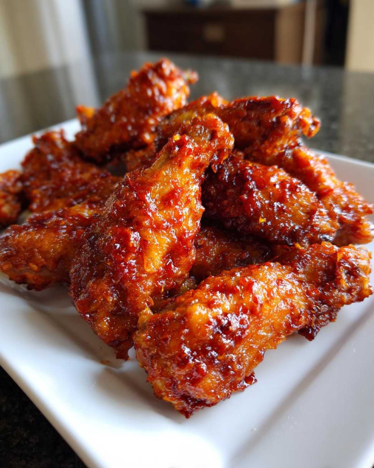 Close-up of a pile of crispy oven-baked Sticky Sweet Chili Chicken Wings coated in a glossy, vibrant red-orange glaze.