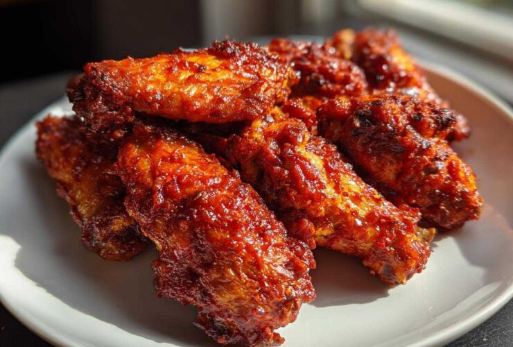 A close-up of oven-baked Sticky Sweet Chili Chicken Wings, glazed with a dark red, glistening sauce, piled on a white plate.