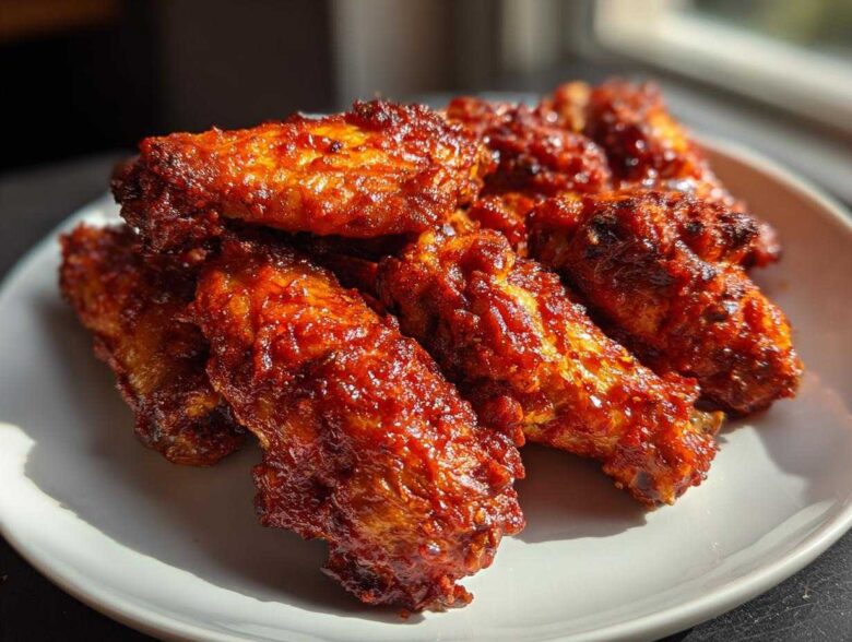 A close-up of oven-baked Sticky Sweet Chili Chicken Wings, glazed with a dark red, glistening sauce, piled on a white plate.