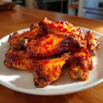 Close-up of glossy, caramelized Sticky Sweet Chili Chicken Wings Oven Baked piled on a white plate.