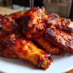 Close-up of a pile of glossy, caramelized Sticky Sweet Chili Chicken Wings Oven Baked on a white plate.
