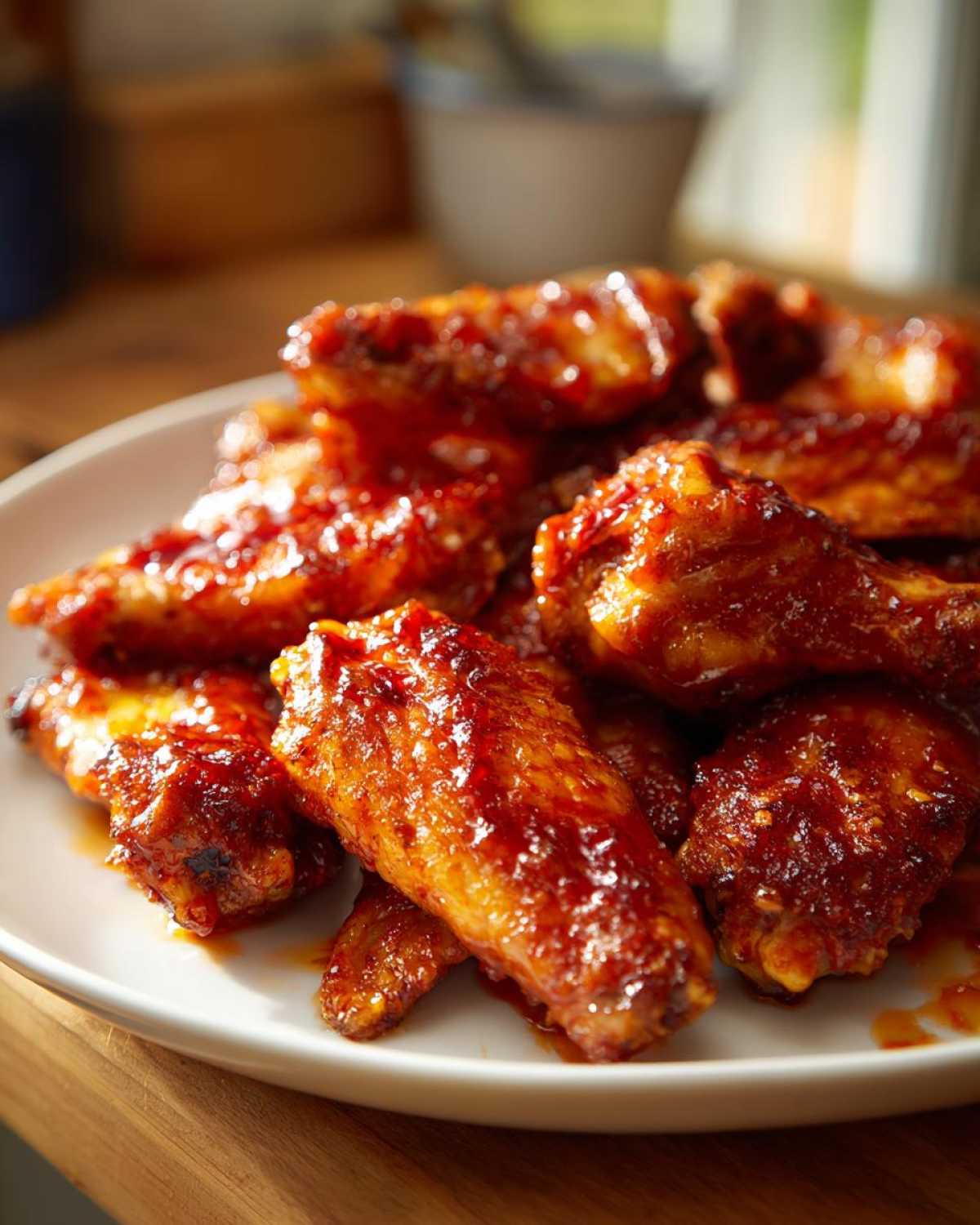 Close-up of glistening Sticky Sweet Chili Chicken Wings Oven Baked piled high on a white plate.