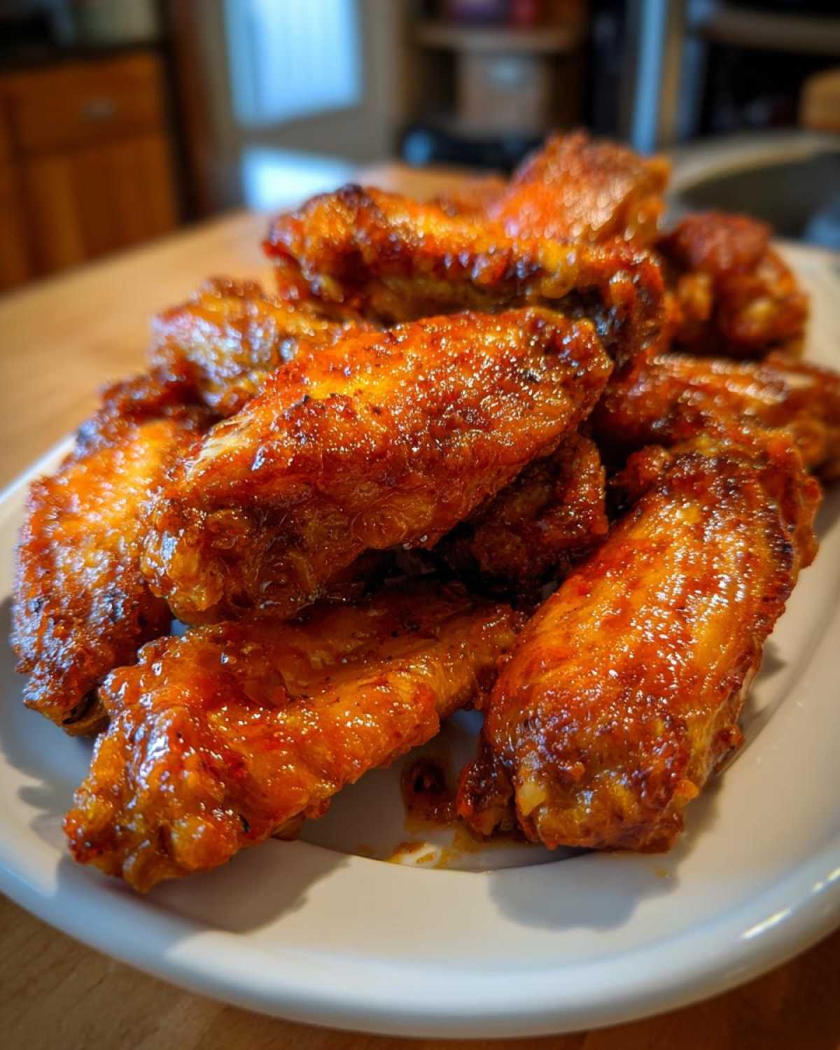 A close-up of oven baked Sticky Sweet Chili Chicken Wings piled high on a white plate.