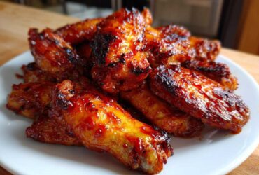 Close-up of a pile of glossy, caramelized Sticky Sweet Chili Chicken Wings Oven Baked on a white plate.