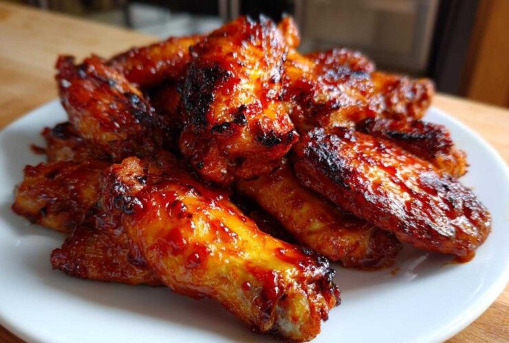 Close-up of a pile of glossy, caramelized Sticky Sweet Chili Chicken Wings Oven Baked on a white plate.