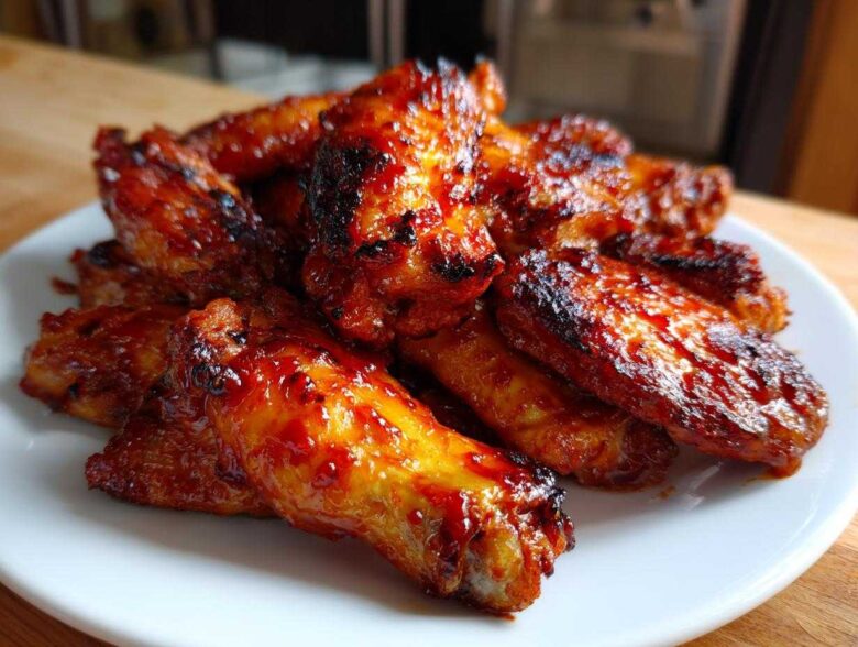 Close-up of a pile of glossy, caramelized Sticky Sweet Chili Chicken Wings Oven Baked on a white plate.