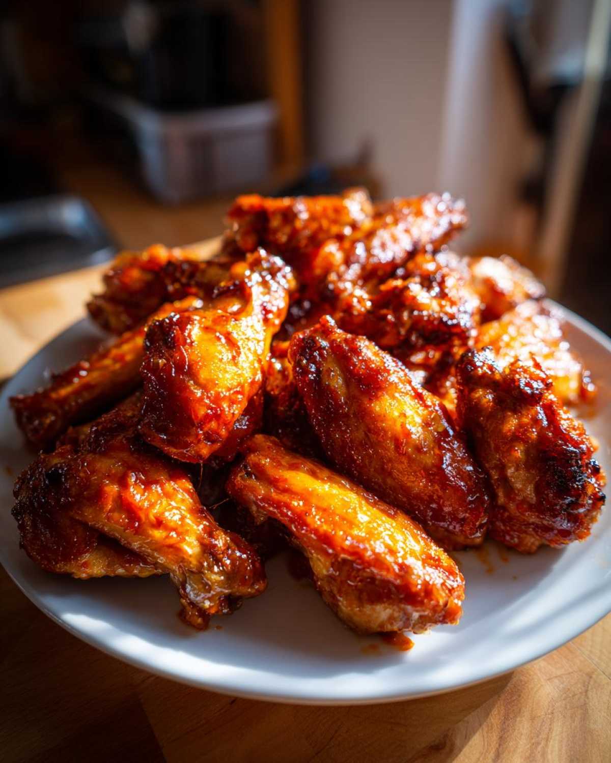 A plate piled high with glistening Sticky Sweet Chili Chicken Wings Oven Baked, coated in a rich, dark glaze.