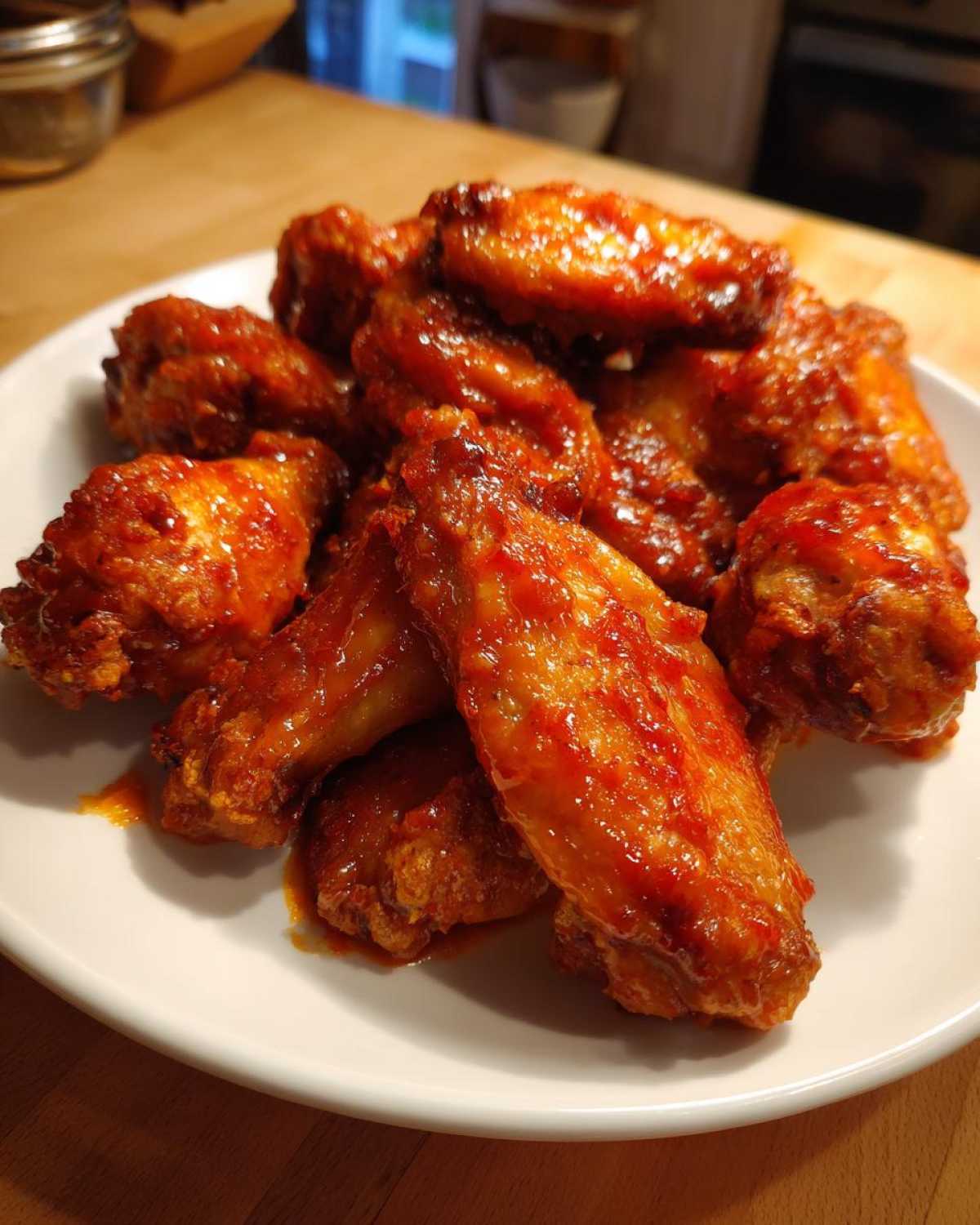 A pile of perfectly cooked Sticky Sweet Chili Chicken Wings Oven Baked glistening with sauce on a white plate.