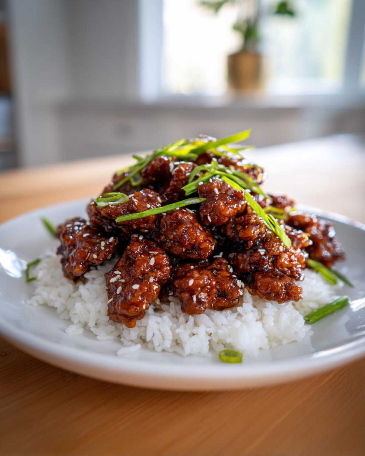A plate of Sticky Teriyaki Chicken Bites coated in a dark glaze, served over fluffy white rice and garnished with sesame seeds and green onions.