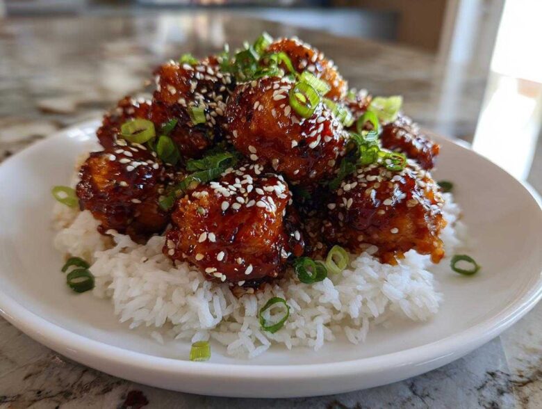 A mound of Sticky Teriyaki Chicken Bites coated in glossy sauce, topped with sesame seeds and green onions, served over white rice.