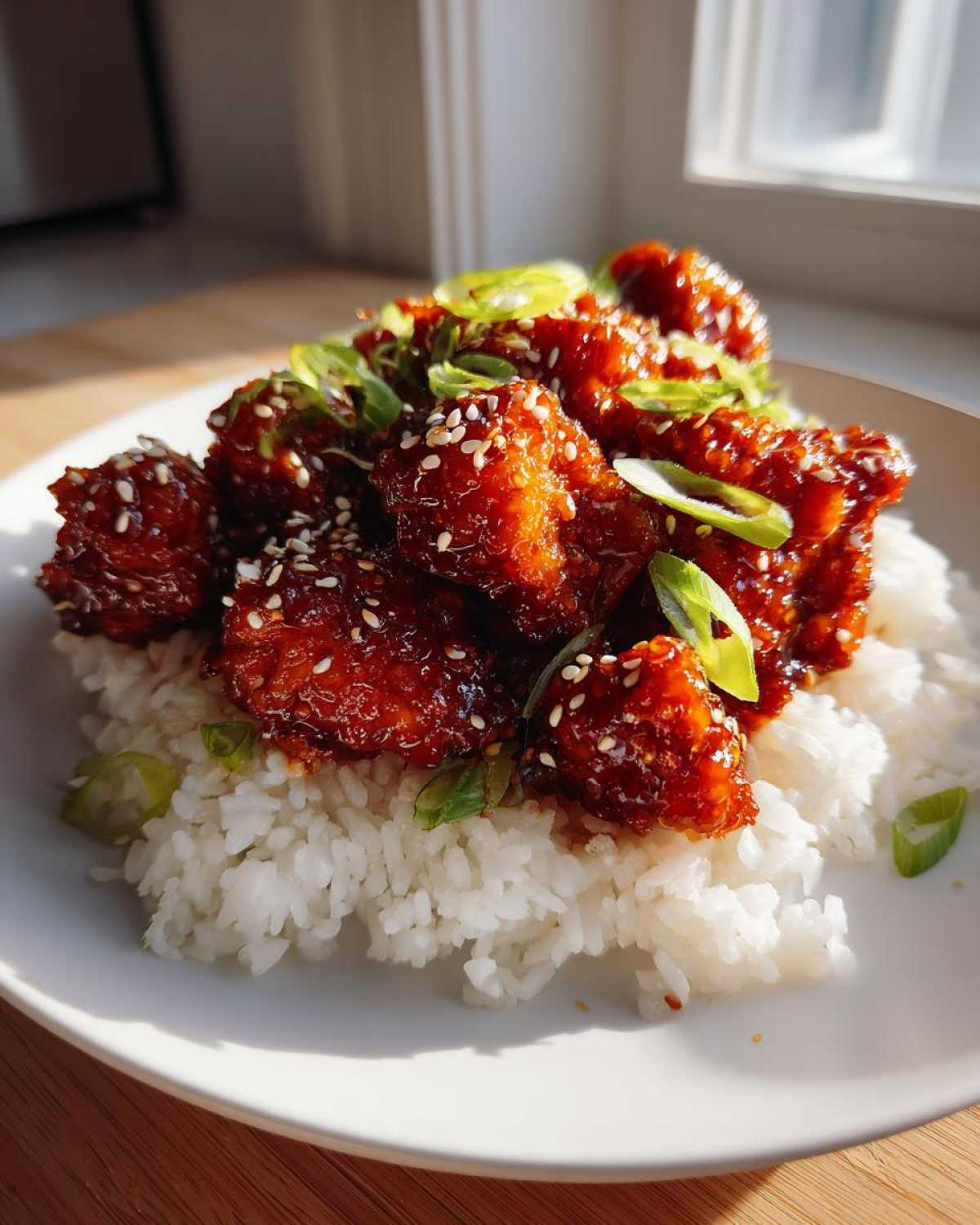 Close-up of Sticky Teriyaki Chicken Bites glazed in sauce, served over a bed of white rice and garnished with sesame seeds and green onions.