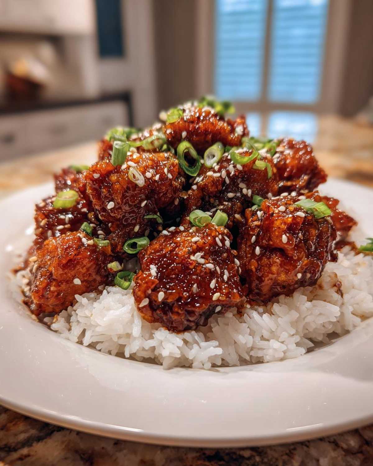 Close-up of Sticky Teriyaki Chicken Bites glazed with sauce, sprinkled with sesame seeds and green onions, served over white rice.