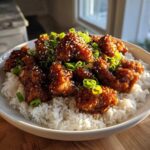 A bowl of Sticky Teriyaki Chicken Bites coated in a glossy sauce, served over fluffy white rice and garnished with sesame seeds and green onions.