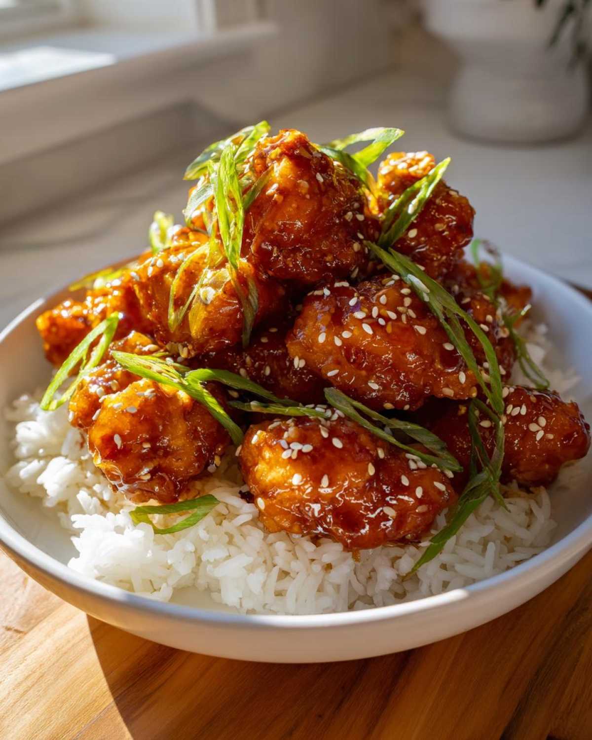 A bowl piled high with Sticky Teriyaki Chicken Bites glazed in sauce and topped with sesame seeds and green onions, served over white rice.
