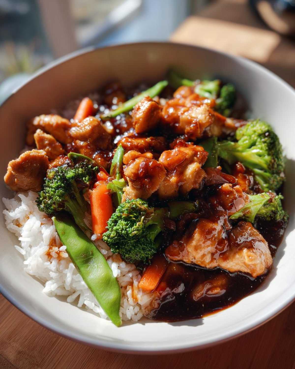 A close-up overhead view of a Sticky Teriyaki Chicken Bowl featuring glazed chicken pieces, broccoli, carrots, and snow peas over white rice.