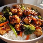 A close-up shot of a Sticky Teriyaki Chicken Bowl featuring crispy chicken pieces coated in sauce, served over white rice with broccoli and carrots.