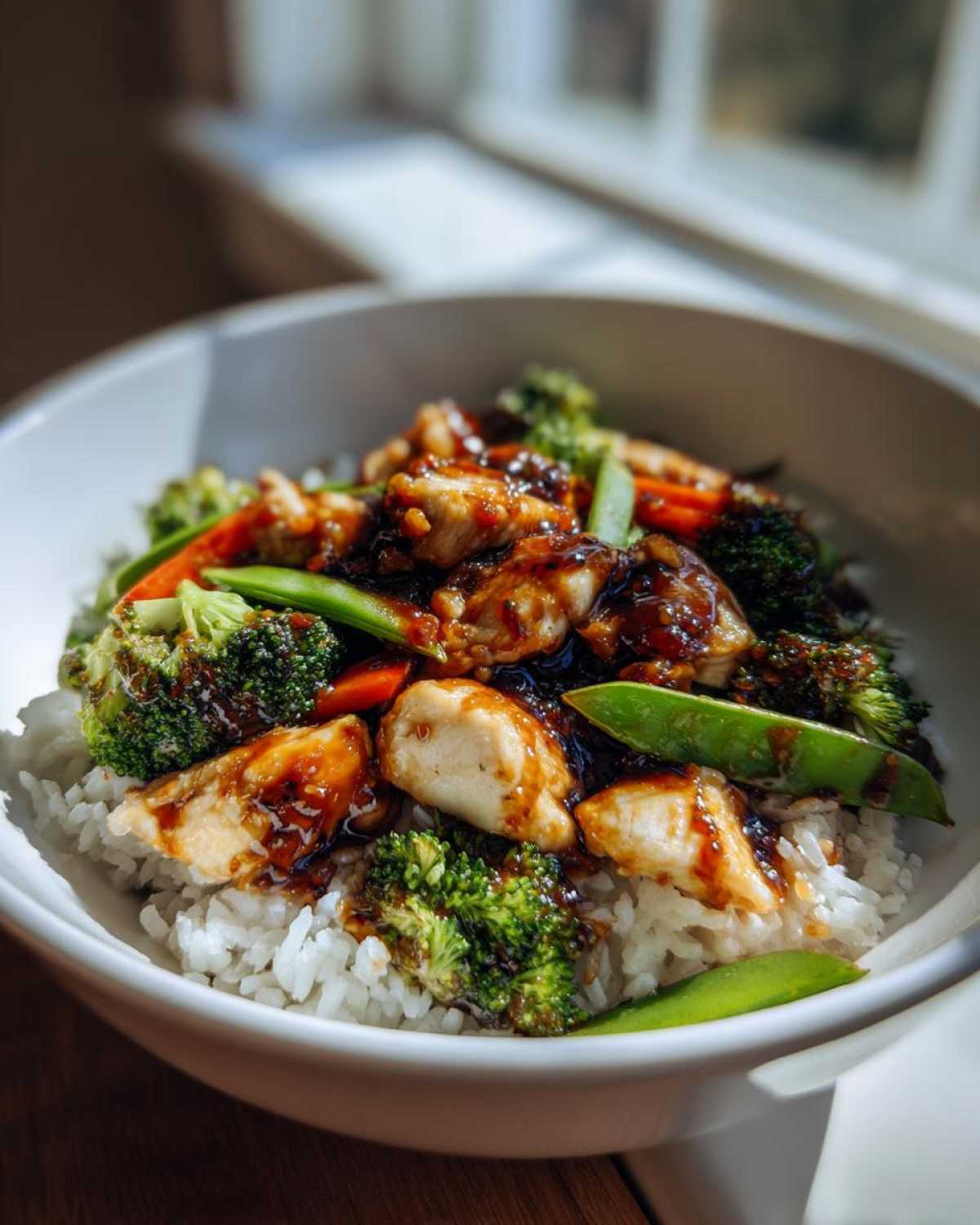 A close-up of a white bowl filled with Sticky Teriyaki Chicken Bowl with Rice and Veggies, featuring glazed chicken, broccoli, and snap peas over white rice.