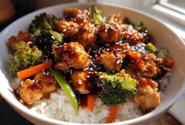 A close-up shot of a Sticky Teriyaki Chicken Bowl featuring crispy chicken pieces coated in sauce, served over white rice with broccoli and carrots.