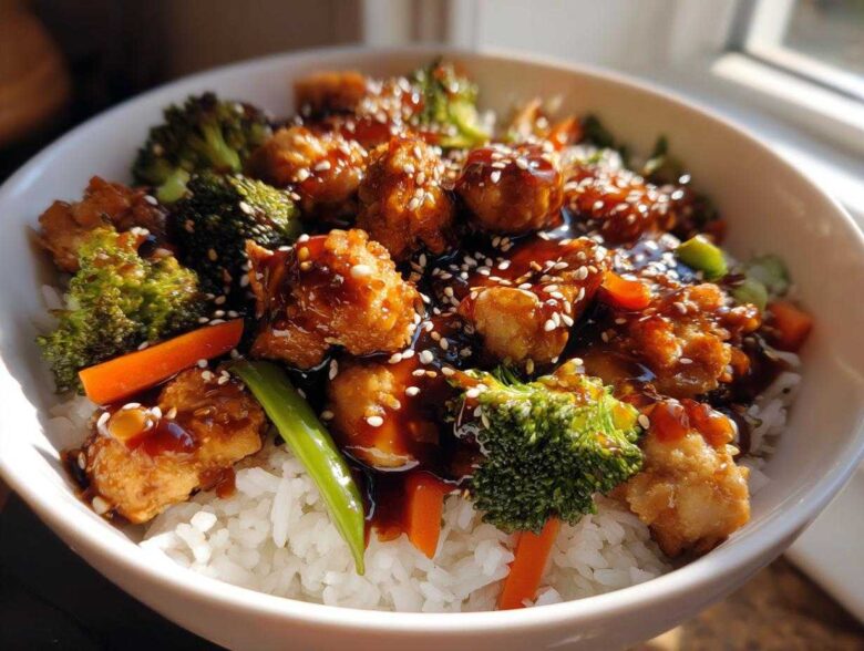 A close-up shot of a Sticky Teriyaki Chicken Bowl featuring crispy chicken pieces coated in sauce, served over white rice with broccoli and carrots.