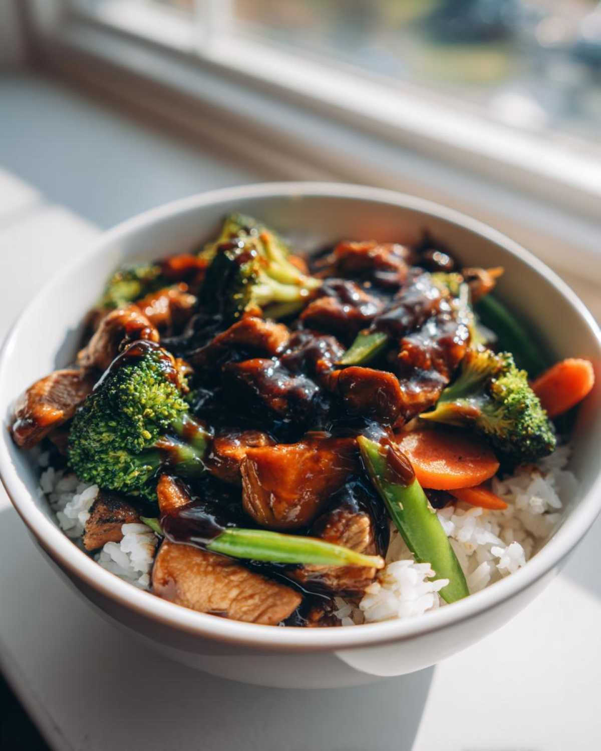 A close-up of a white bowl filled with Sticky Teriyaki Chicken Bowl with Rice and Veggies, topped with glossy teriyaki sauce.
