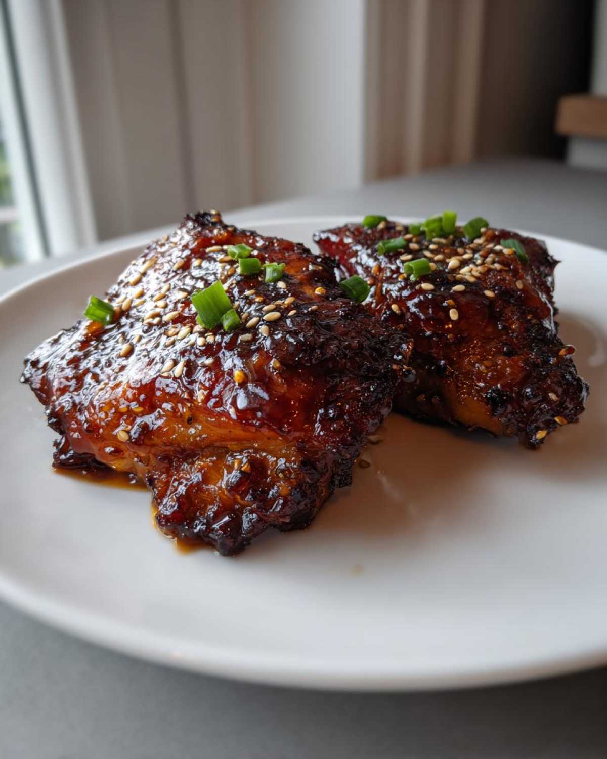 Two pieces of Sticky Teriyaki Chicken Thighs with Garlic, covered in a dark, shiny glaze and topped with sesame seeds and green onions.