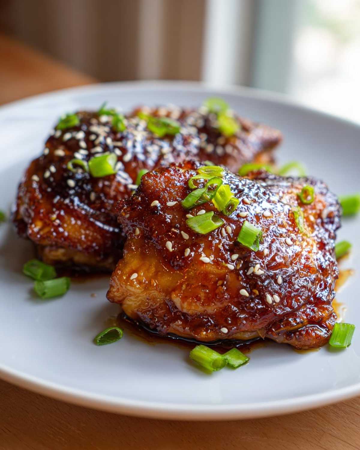Two pieces of glazed Sticky Teriyaki Chicken Thighs with Garlic, topped with sesame seeds and chopped green onions.