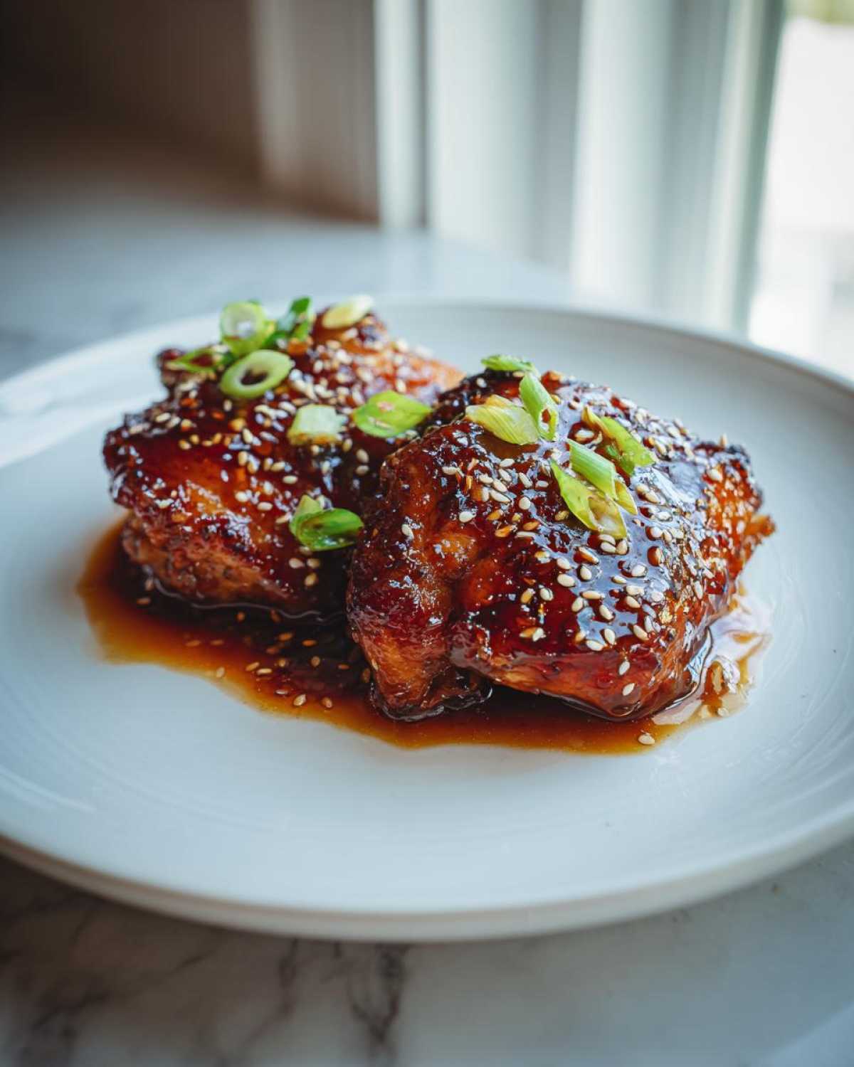 Two pieces of Sticky Teriyaki Chicken Thighs with Garlic, heavily glazed and topped with sesame seeds and sliced green onions.