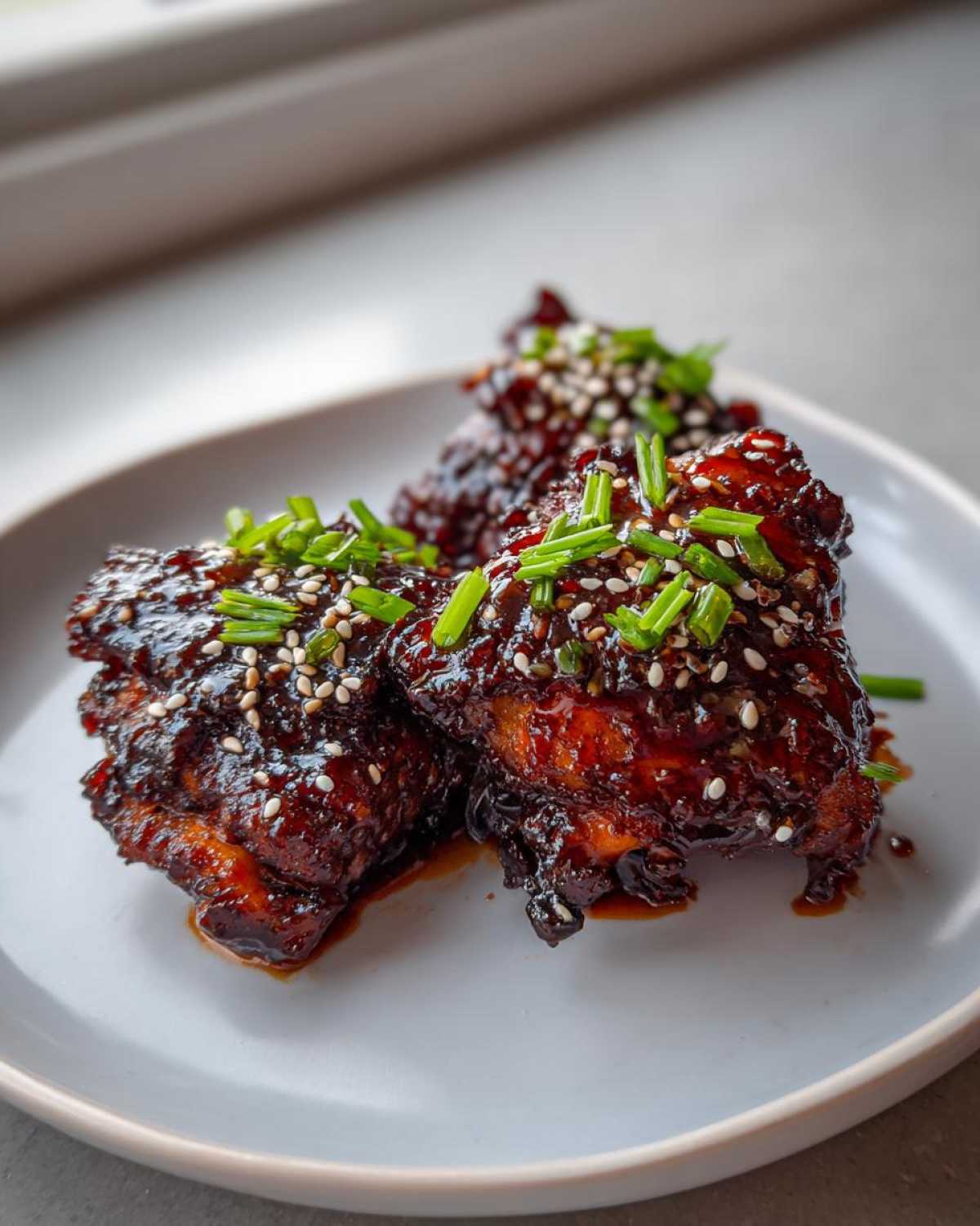 Three pieces of Sticky Teriyaki Chicken Thighs with Garlic, coated in a dark glaze and topped with sesame seeds and chives.