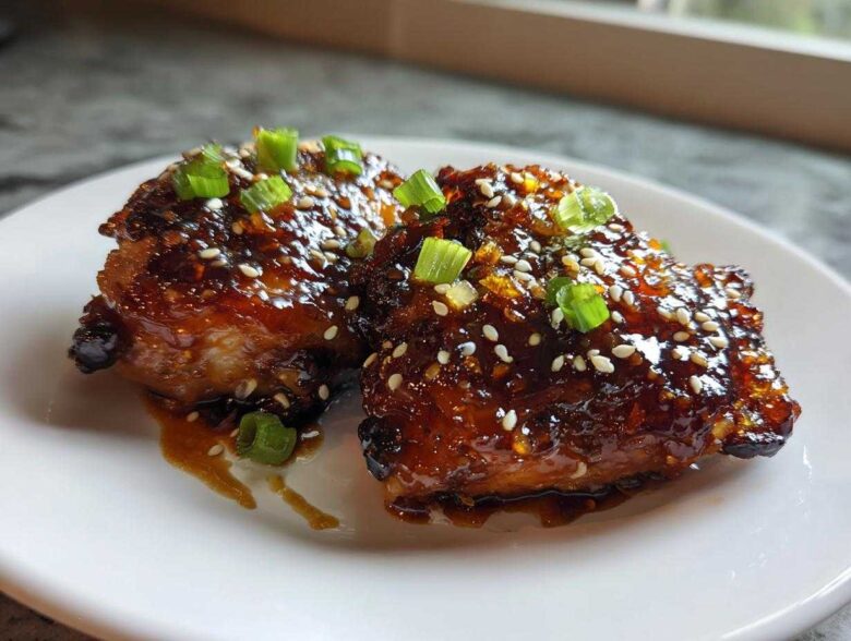 Two pieces of glazed Sticky Teriyaki Chicken Thighs with Garlic, topped with sesame seeds and chopped green onions.