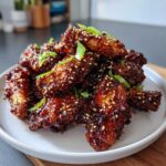 A pile of oven-baked Sticky Teriyaki Chicken Wings Crispy, coated in dark glaze and topped with sesame seeds and green onions.