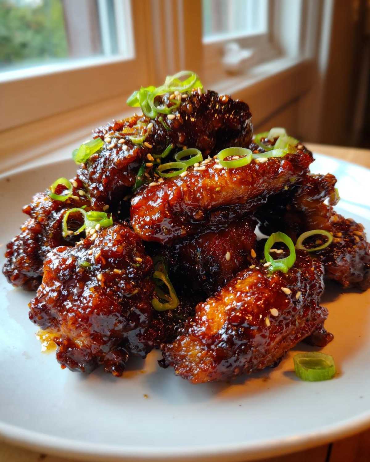 A plate piled high with glossy, dark brown Sticky Teriyaki Chicken Wings Oven Baked, topped with sesame seeds and sliced green onions.