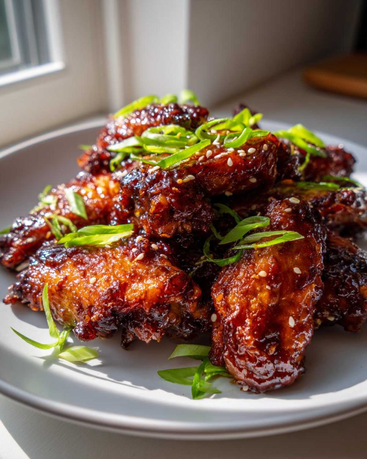 A close-up of glossy, dark brown Sticky Teriyaki Chicken Wings Oven Baked, garnished with sliced green onions and sesame seeds.
