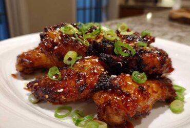 Close-up of glistening Sticky Teriyaki Chicken Wings Oven Baked, garnished with sesame seeds and sliced green onions.