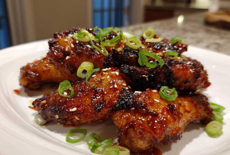 Close-up of glistening Sticky Teriyaki Chicken Wings Oven Baked, garnished with sesame seeds and sliced green onions.