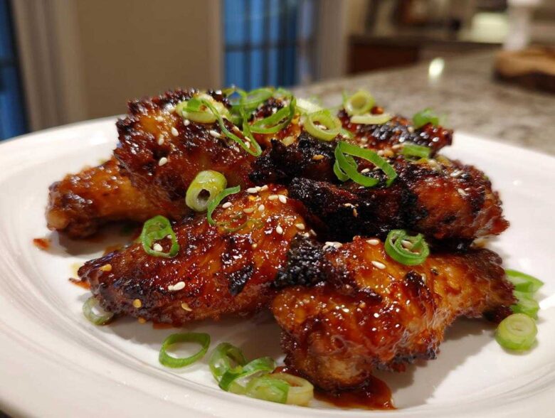 Close-up of glistening Sticky Teriyaki Chicken Wings Oven Baked, garnished with sesame seeds and sliced green onions.