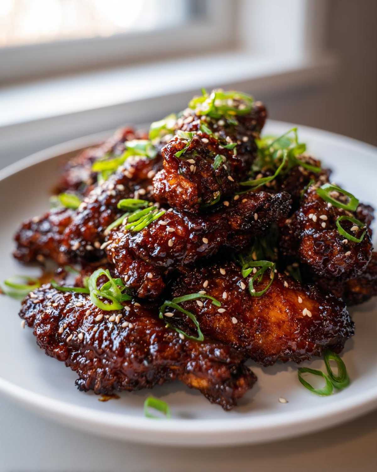 A pile of glistening Sticky Teriyaki Chicken Wings Oven Baked, garnished with sesame seeds and sliced green onions.