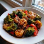 Close-up of Sticky Teriyaki Shrimp Stir Fry Quick Meal with broccoli and red peppers, topped with sesame seeds.