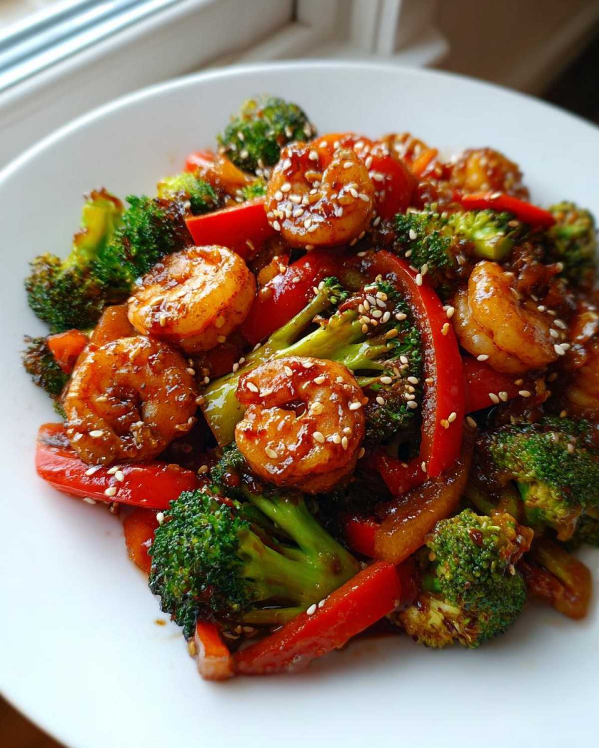 Close-up of Sticky Teriyaki Shrimp Stir Fry with broccoli, red peppers, and sesame seeds.