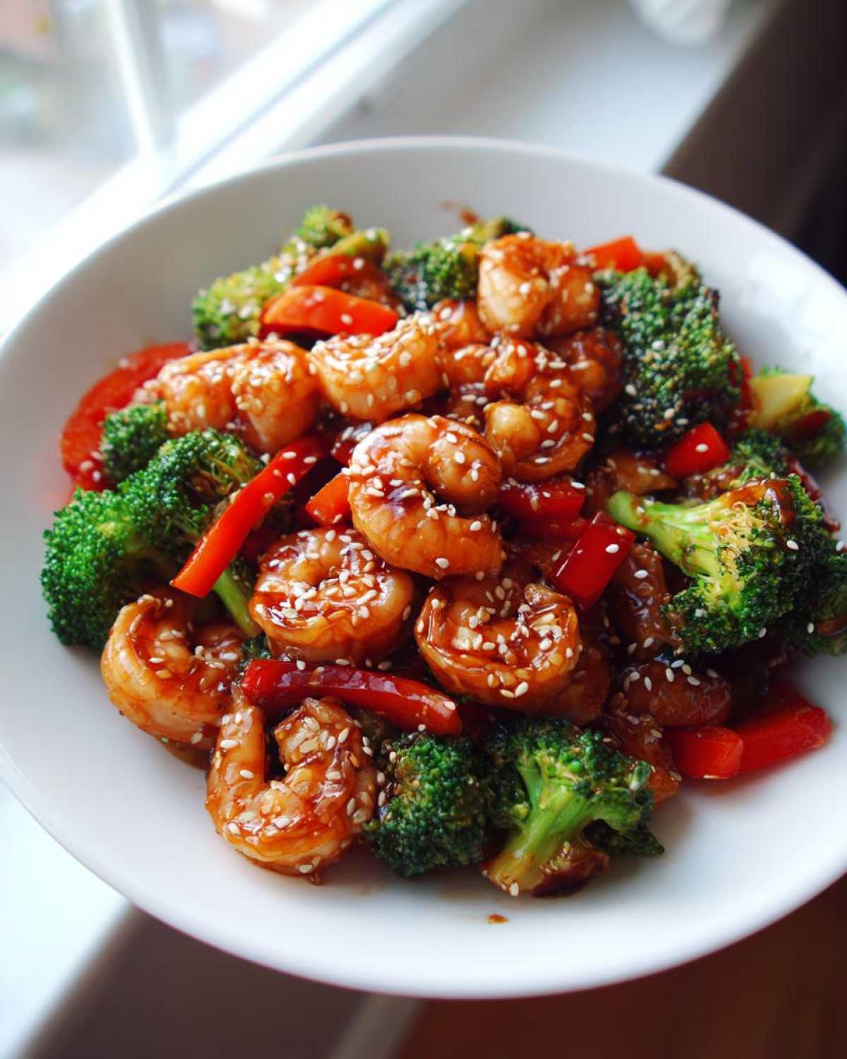 Close-up of Sticky Teriyaki Shrimp Stir Fry Quick Meal with broccoli and red peppers, topped with sesame seeds.