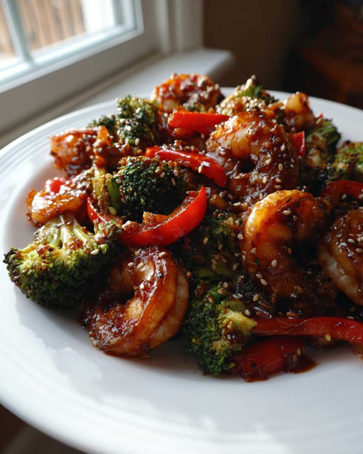Close-up of Sticky Teriyaki Shrimp Stir Fry with broccoli florets and red peppers on a white plate.