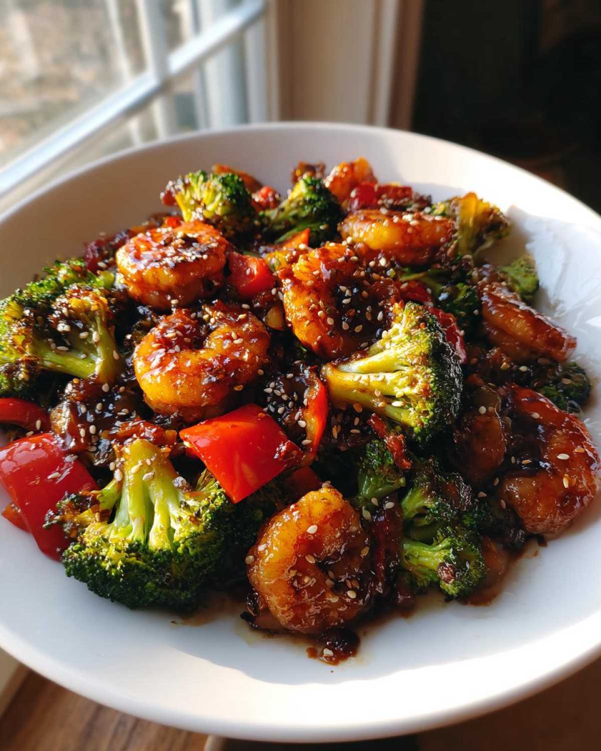 Close-up of Sticky Teriyaki Shrimp Stir Fry with glossy shrimp, bright green broccoli, and red peppers, topped with sesame seeds.