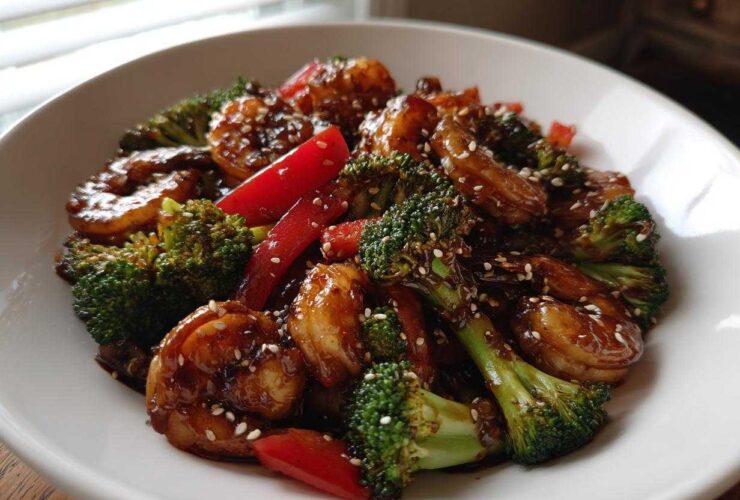 Close-up of Sticky Teriyaki Shrimp Stir Fry Quick Meal with broccoli and red peppers, garnished with sesame seeds.