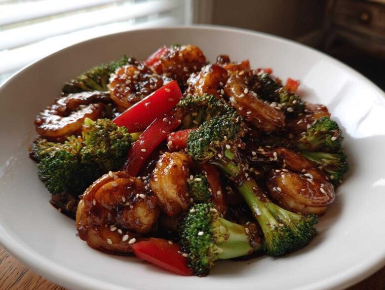 Close-up of Sticky Teriyaki Shrimp Stir Fry Quick Meal with broccoli and red peppers, garnished with sesame seeds.