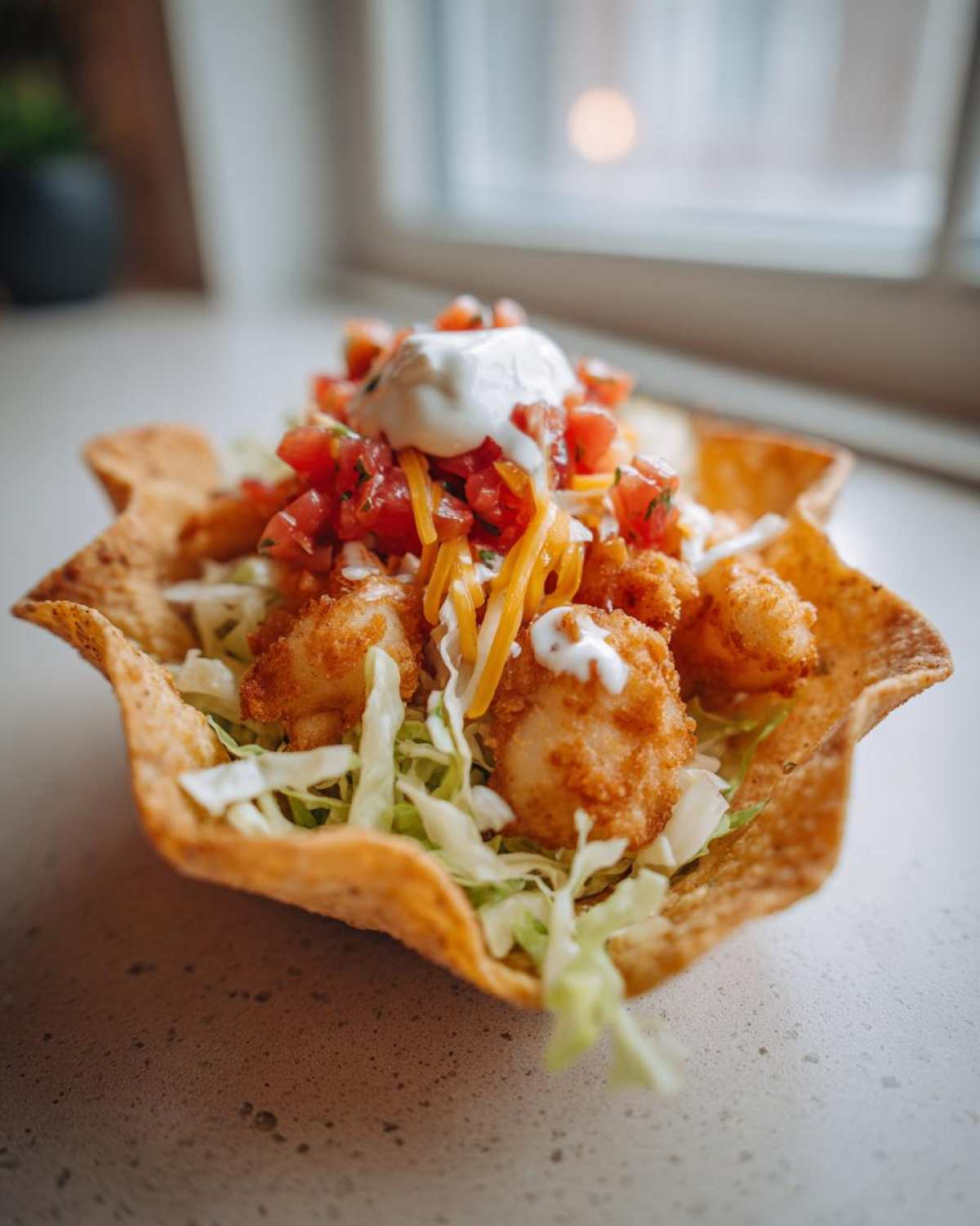 A crispy taco shell bowl filled with shredded lettuce, breaded air fried fish, pico de gallo, cheese, and sour cream for Air Fried Fish Walking Tacos.
