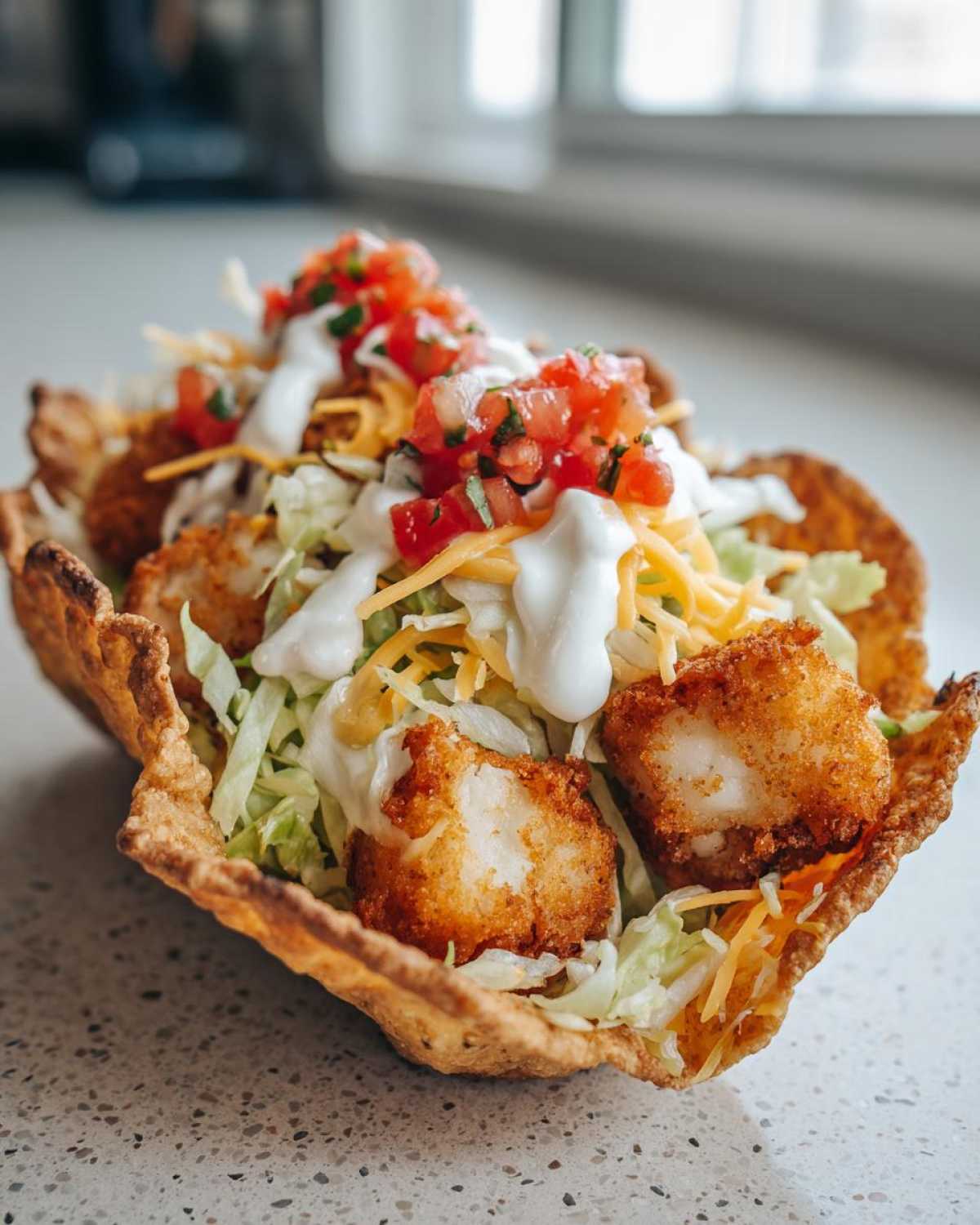 Close-up of Air Fried Fish Walking Tacos featuring crispy fish pieces, shredded lettuce, cheese, salsa, and sour cream in a fried tortilla bowl.