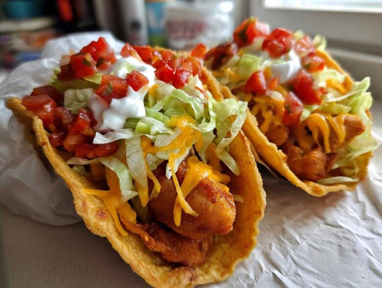 Two fully loaded Air Fried Fish Walking Tacos featuring crispy fish, shredded lettuce, cheese, salsa, and sour cream.