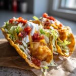 Two crispy taco shells filled with battered air fried fish, lettuce, salsa, cheese, and sour cream, making delicious Air Fried Fish Walking Tacos.
