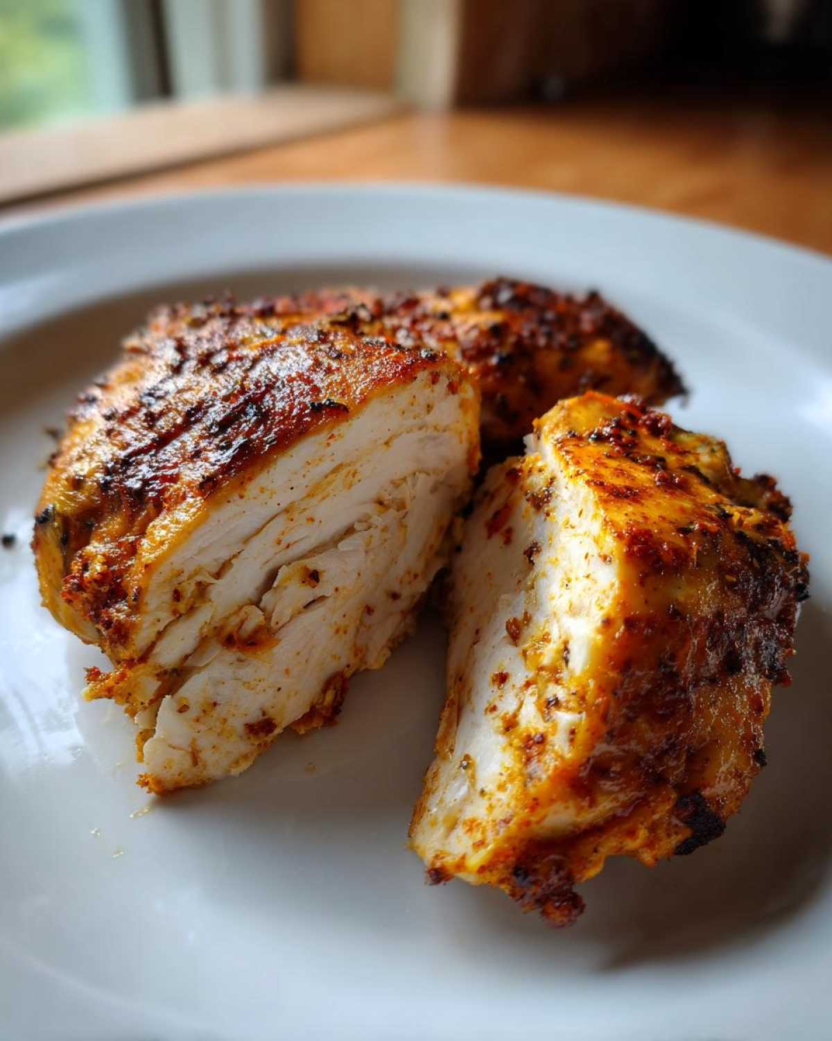 Close-up of juicy Air Fryer Boneless Chicken Thighs cut in half, showing perfectly cooked white meat and seasoned crust.