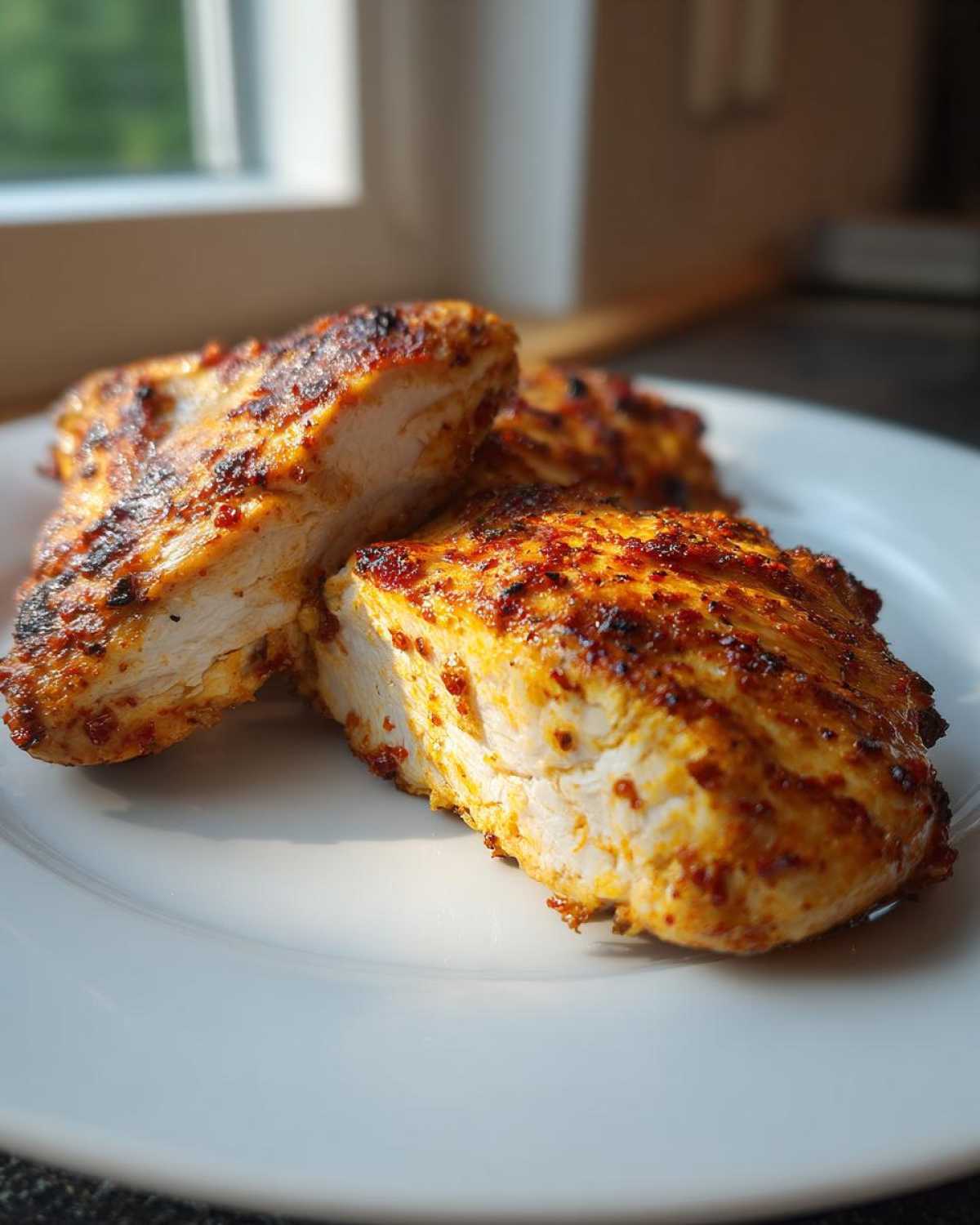 Close-up of juicy Air Fryer Boneless Chicken Thighs, cut to show the white, cooked interior and seasoned, browned exterior.